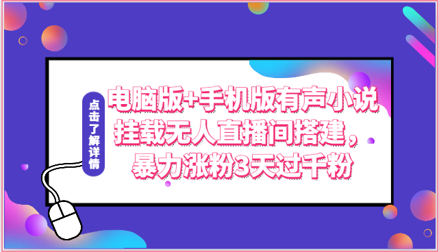 电脑版+手机版有声小说挂载无人直播间搭建，暴力涨粉3天过千粉-乐优网创