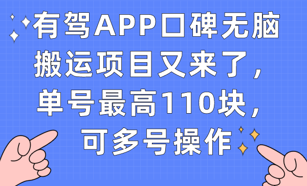 有驾APP口碑无脑搬运项目又来了，单号最高110块，可多号操作-乐优网创