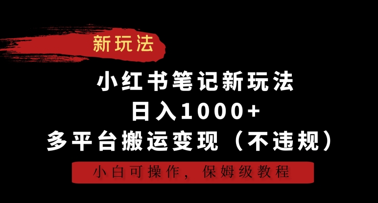 小红书笔记新玩法，日入1000+，多平台搬运变现（不违规），小白可操作，保姆级教程-乐优网创