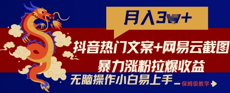 抖音热门文案+网易云截图暴力涨粉拉爆收益玩法，小白无脑操作，简单易上手-乐优网创